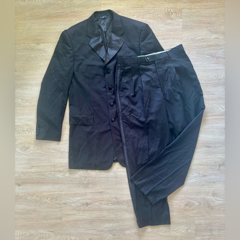 Phat Farm 40L Black Long Mens Button Jacket 33L Pants 2 Piece Suit EUC